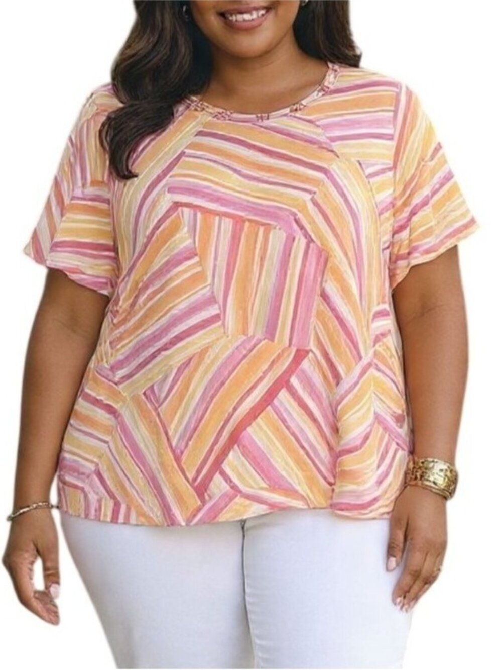 Alfred Dunner Plus Size 3X Top Patch Striped Gold Accent Neckline Colorful